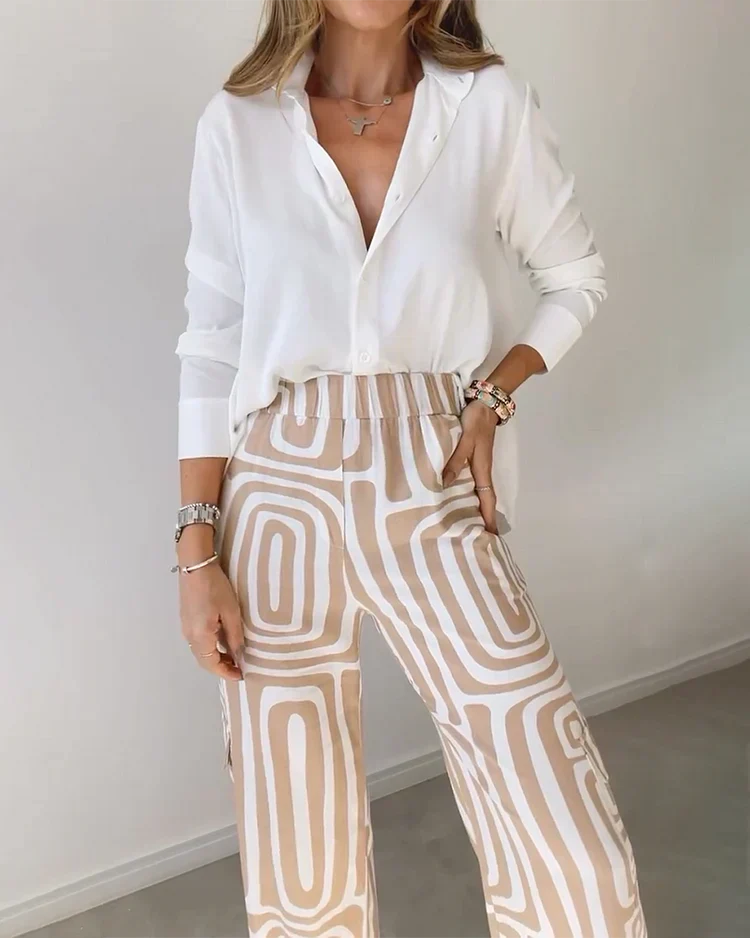 Women's Stylish Two-Piece Set with Long Sleeve Shirt and Trousers
