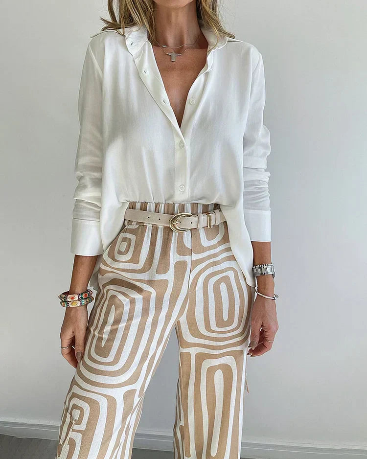 Women's Stylish Two-Piece Set with Long Sleeve Shirt and Trousers