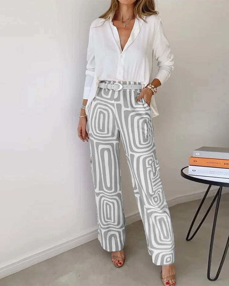 Women's Stylish Two-Piece Set with Long Sleeve Shirt and Trousers