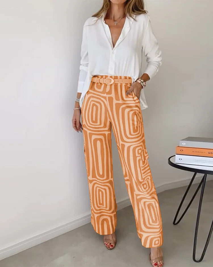 Women's Stylish Two-Piece Set with Long Sleeve Shirt and Trousers