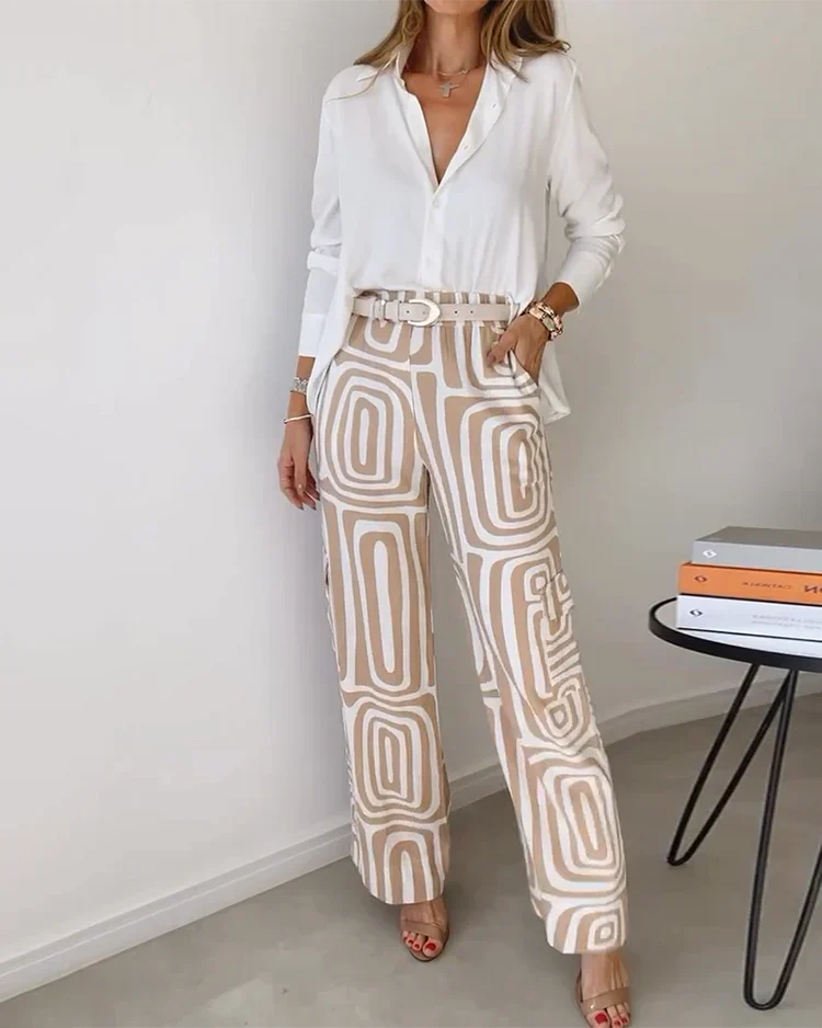 Women's Stylish Two-Piece Set with Long Sleeve Shirt and Trousers