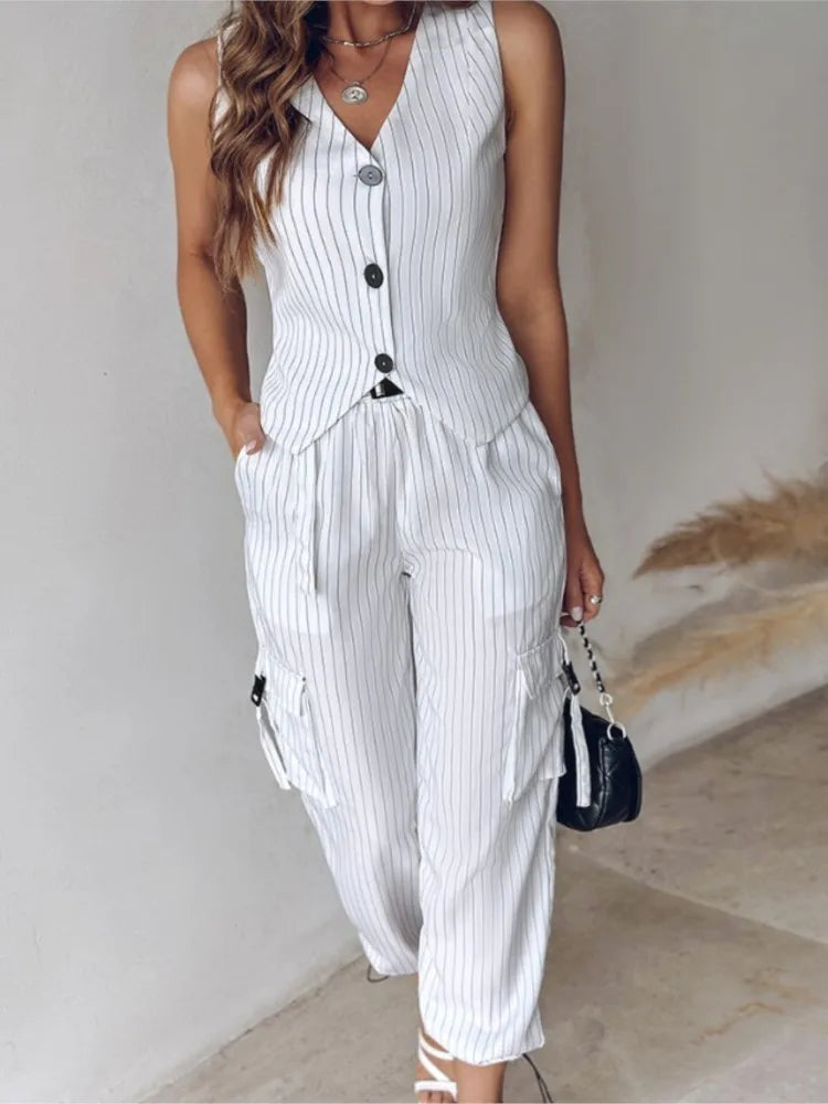 Women's V-Neck Buttoned Two Piece Set with Loose Pants