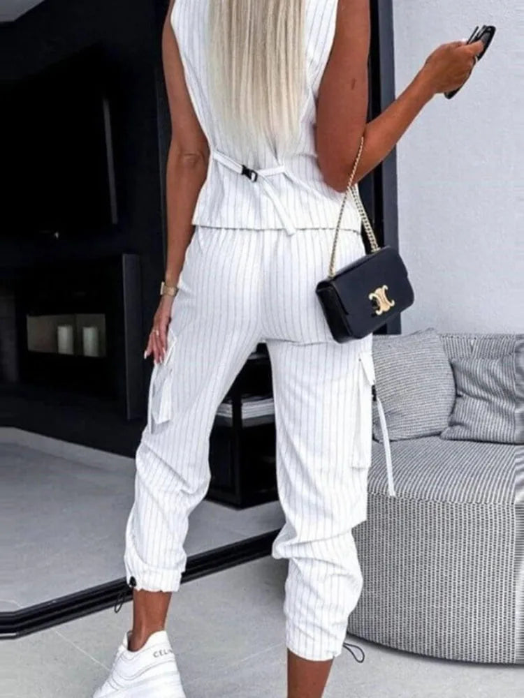 Women's V-Neck Buttoned Two Piece Set with Loose Pants