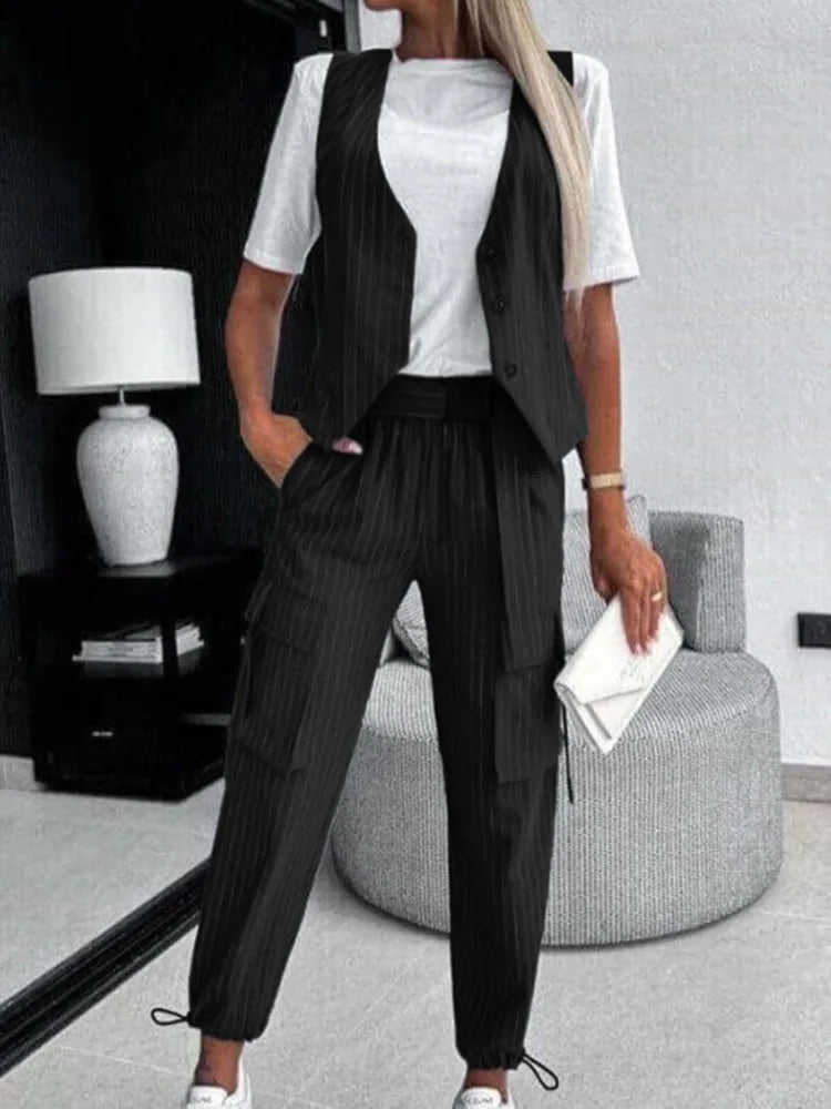 Women's V-Neck Buttoned Two Piece Set with Loose Pants