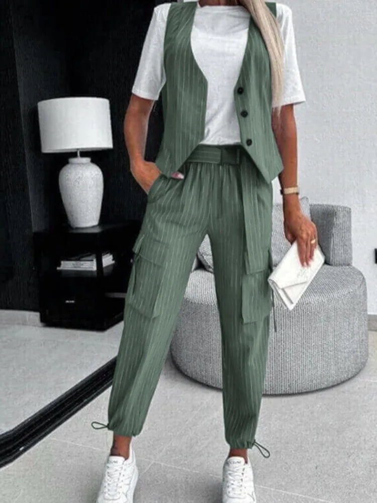 Women's V-Neck Buttoned Two Piece Set with Loose Pants