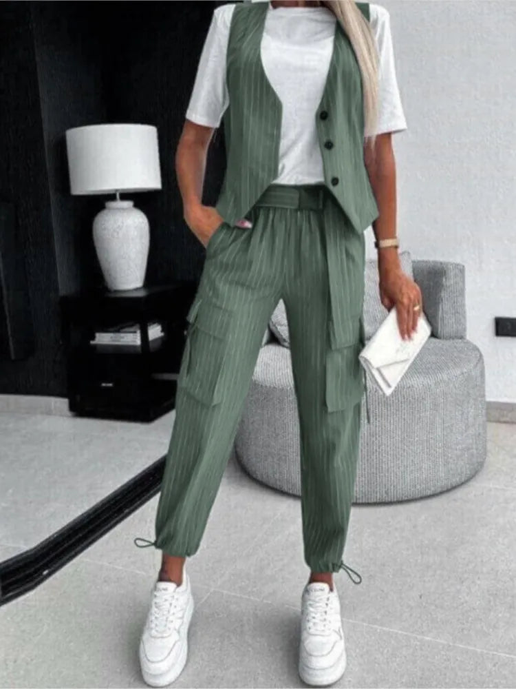 Women's V-Neck Buttoned Two Piece Set with Loose Pants