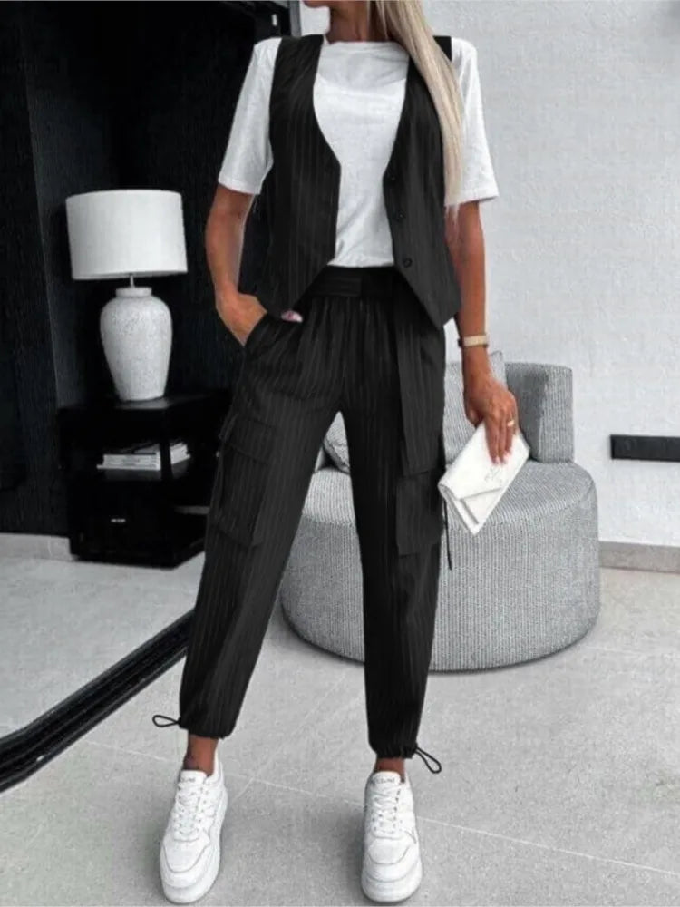 Women's V-Neck Buttoned Two Piece Set with Loose Pants