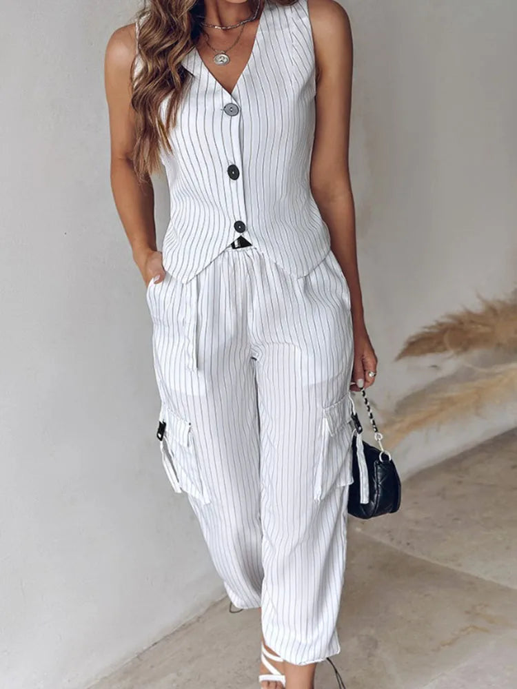 Women's V-Neck Buttoned Two Piece Set with Loose Pants
