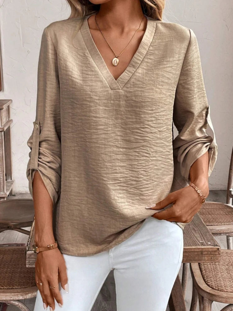 Women's V-Neck Cuffed Sleeve Casual Shirt