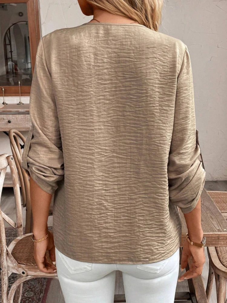 Women's V-Neck Cuffed Sleeve Casual Shirt