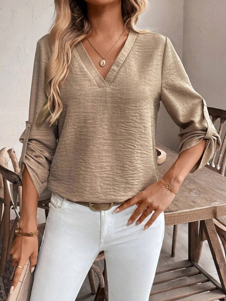 Women's V-Neck Cuffed Sleeve Casual Shirt
