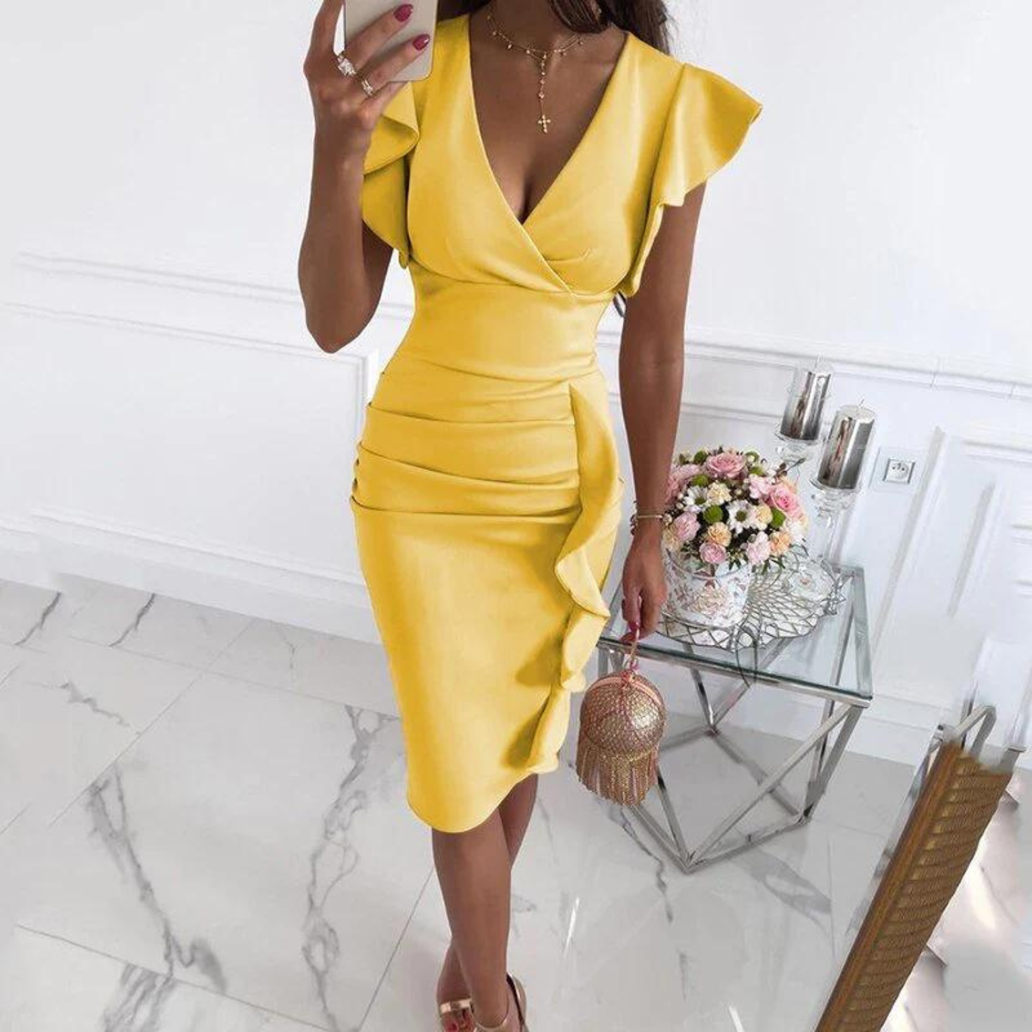 Women's V-Neck Gathered Sleeves Summer Dress