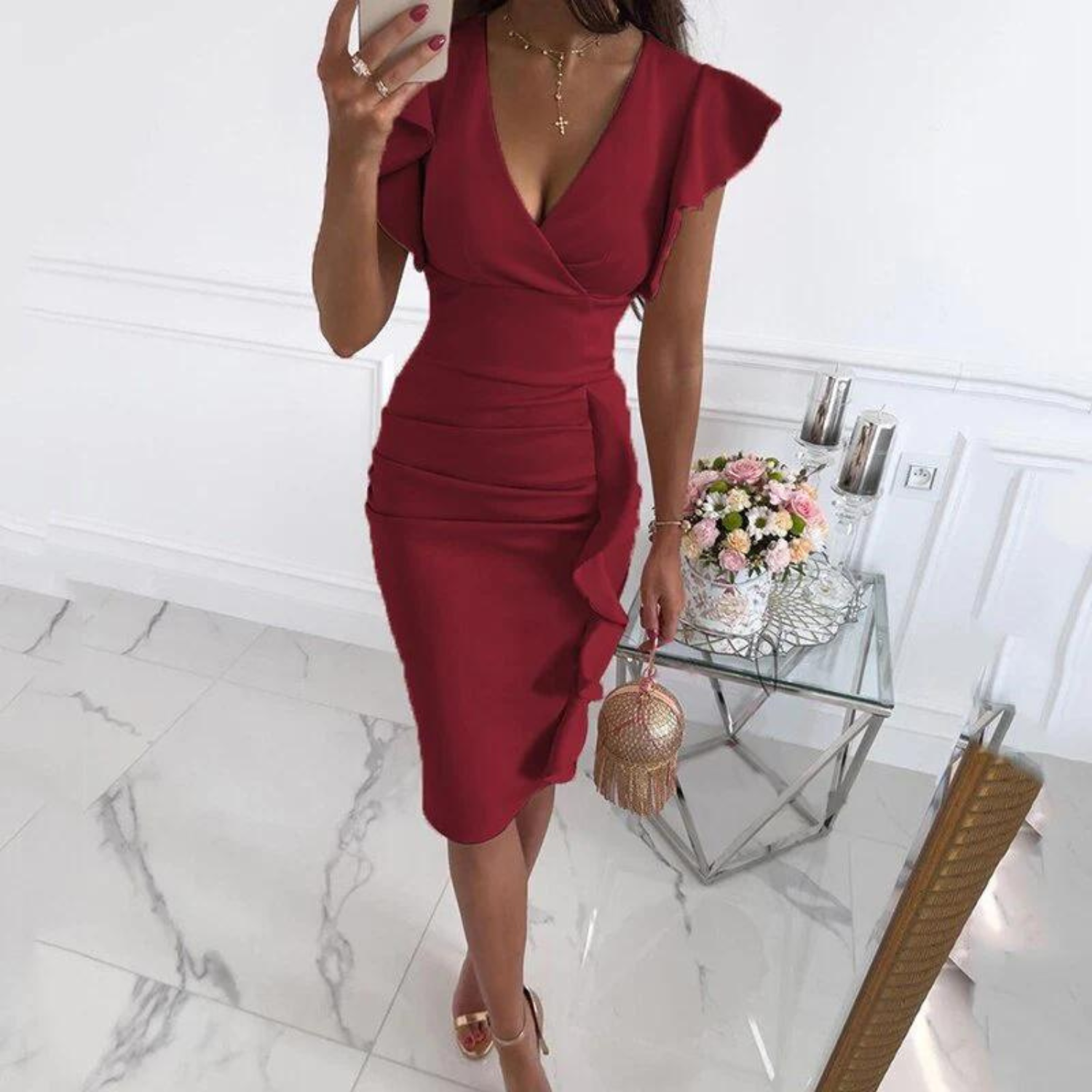 Women's V-Neck Gathered Sleeves Summer Dress