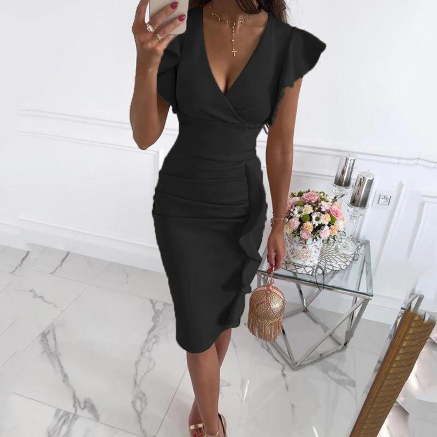 Women's V-Neck Gathered Sleeves Summer Dress