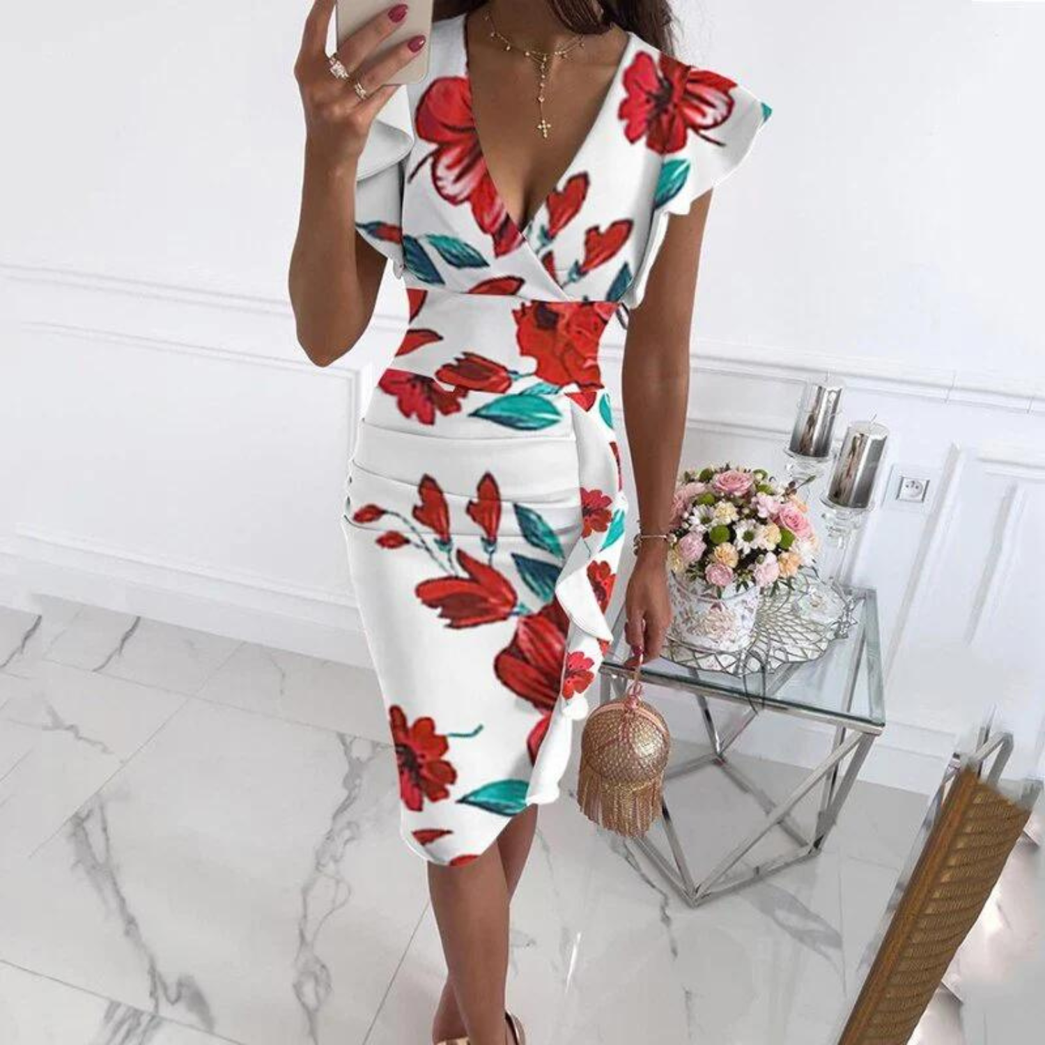 Women's V-Neck Gathered Sleeves Summer Dress
