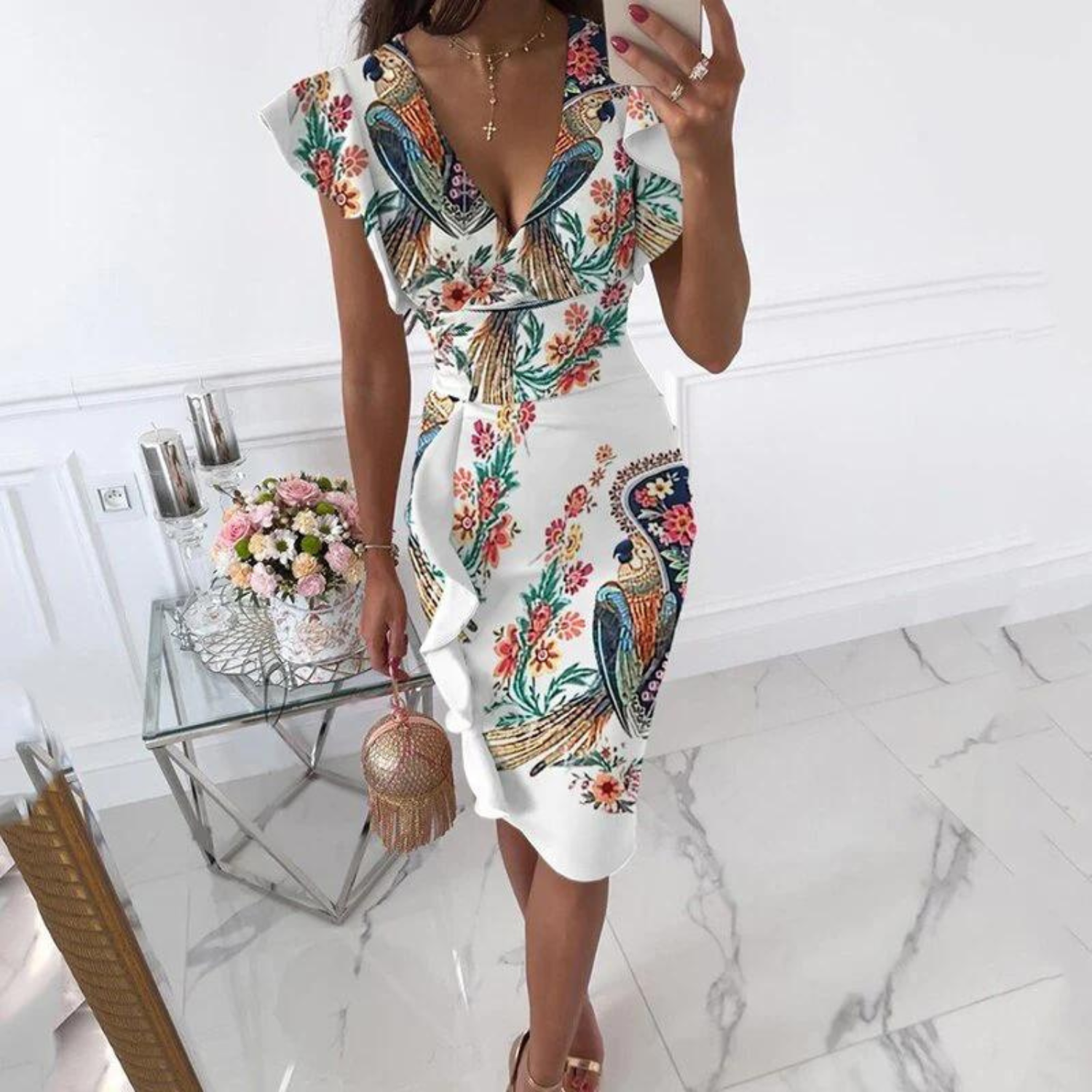Women's V-Neck Gathered Sleeves Summer Dress