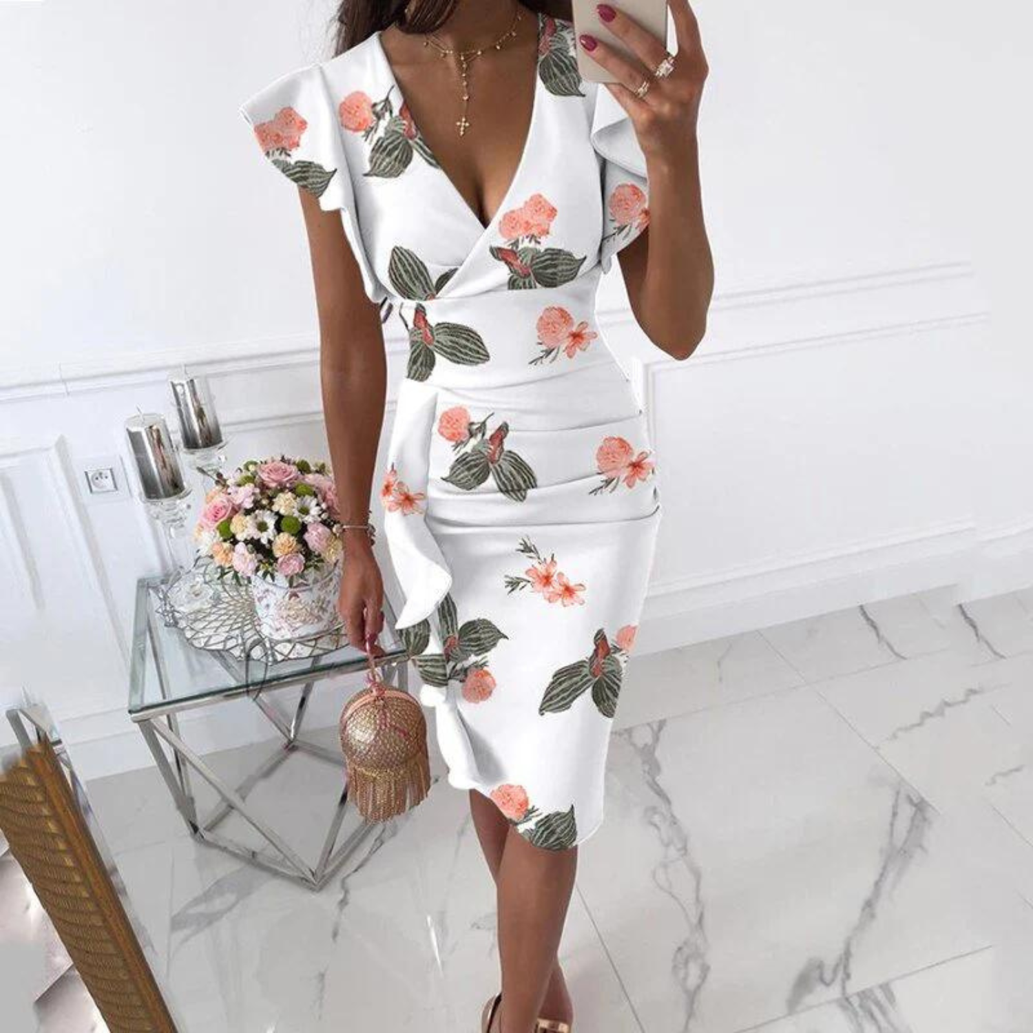 Women's V-Neck Gathered Sleeves Summer Dress