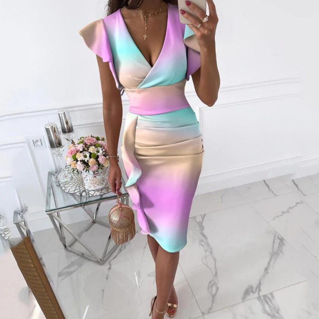 Women's V-Neck Gathered Sleeves Summer Dress