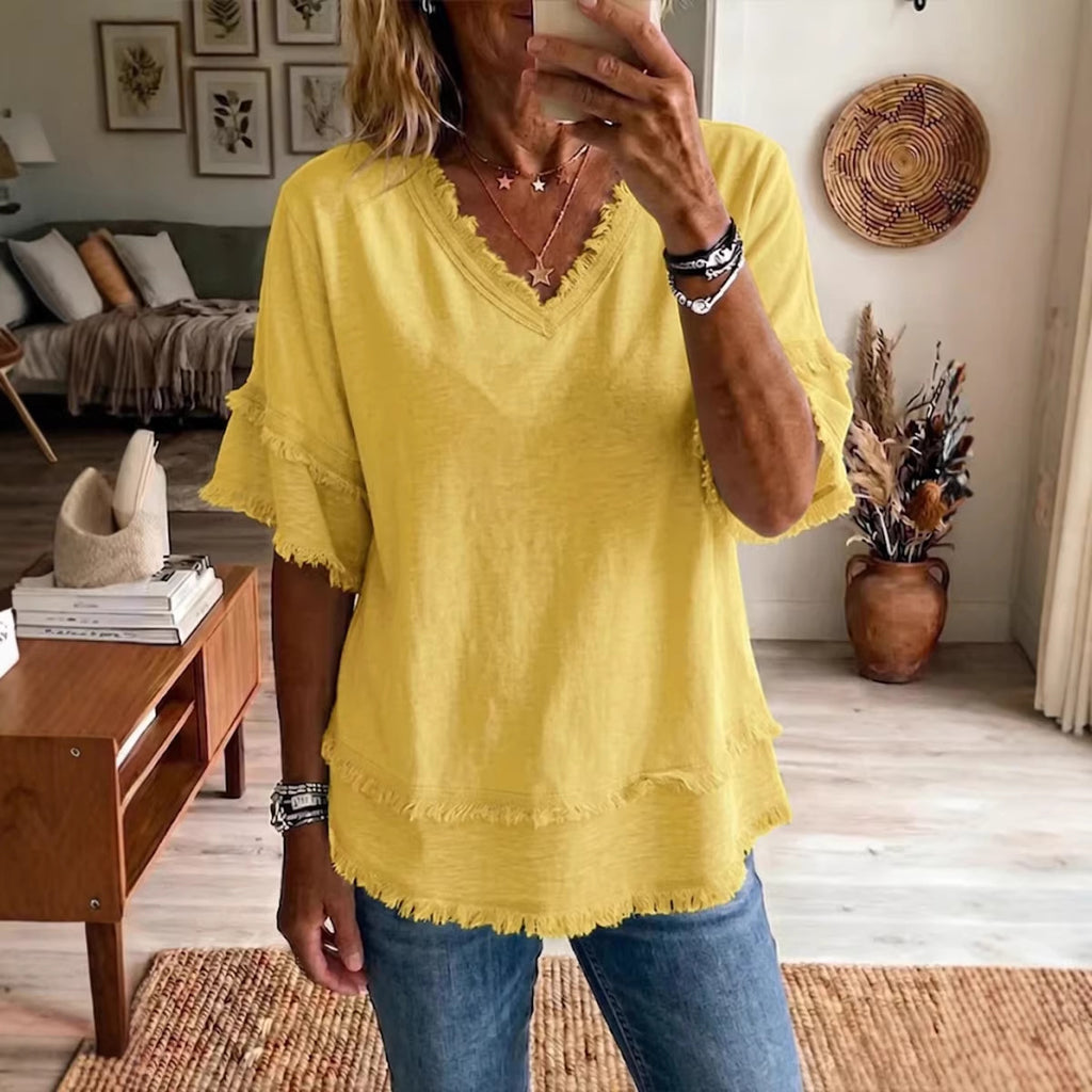 Women's V-Neck Short Sleeve Pullover Top