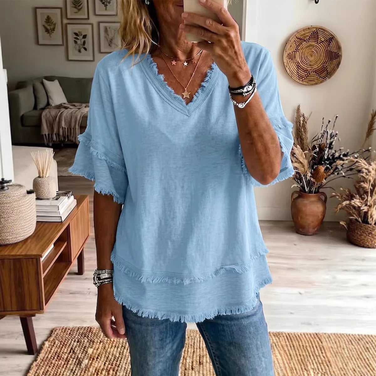 Women's V-Neck Short Sleeve Pullover Top