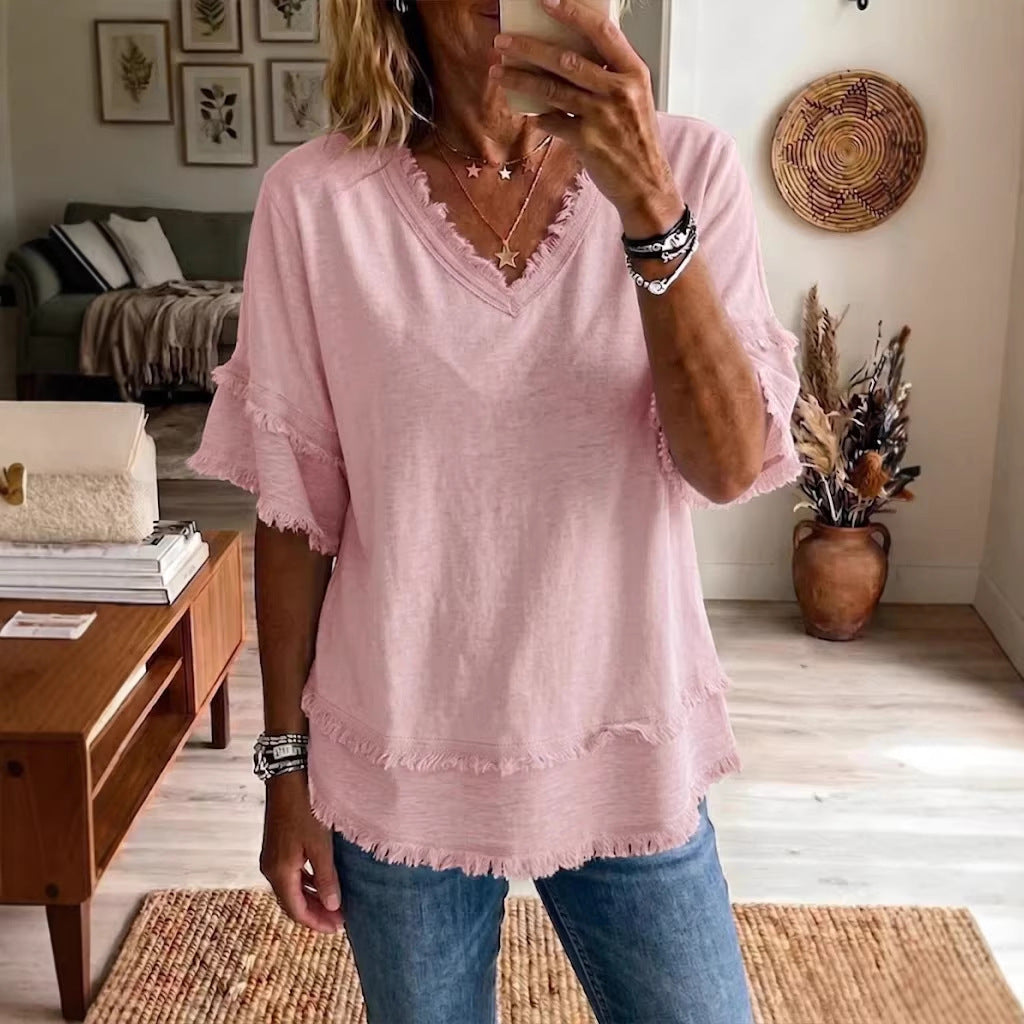 Women's V-Neck Short Sleeve Pullover Top