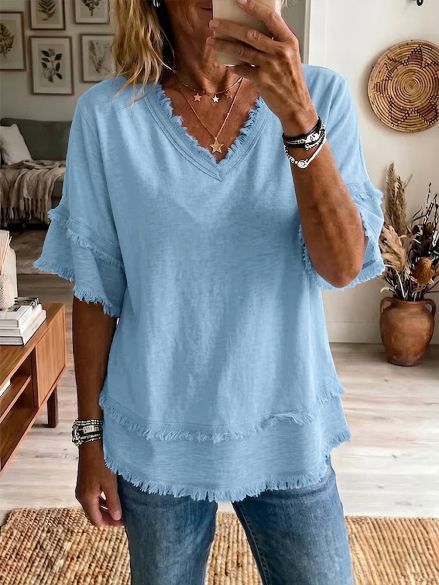 Women's V-Neck Short Sleeve Pullover Top