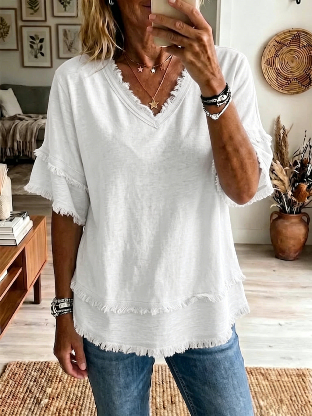 Women's V-Neck Short Sleeve Pullover Top