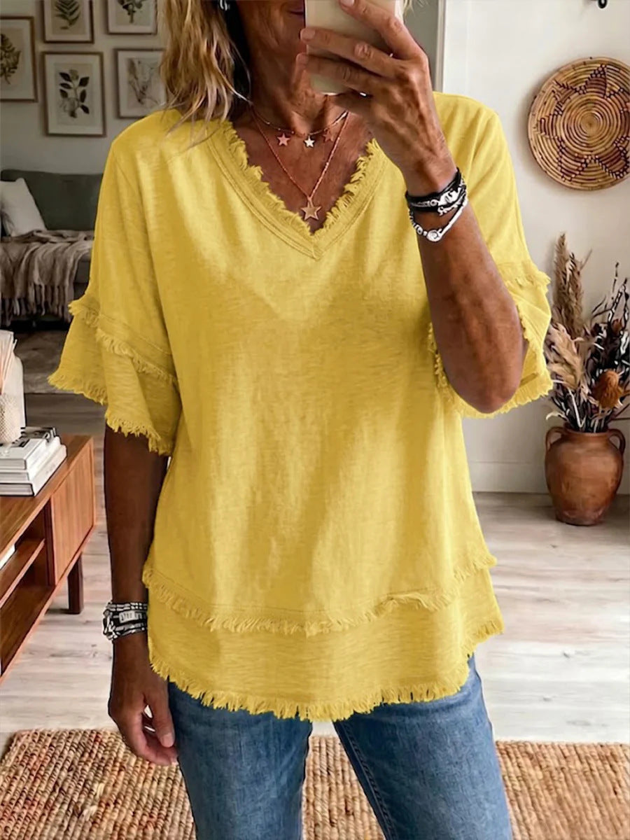 Women's V-Neck Short Sleeve Pullover Top