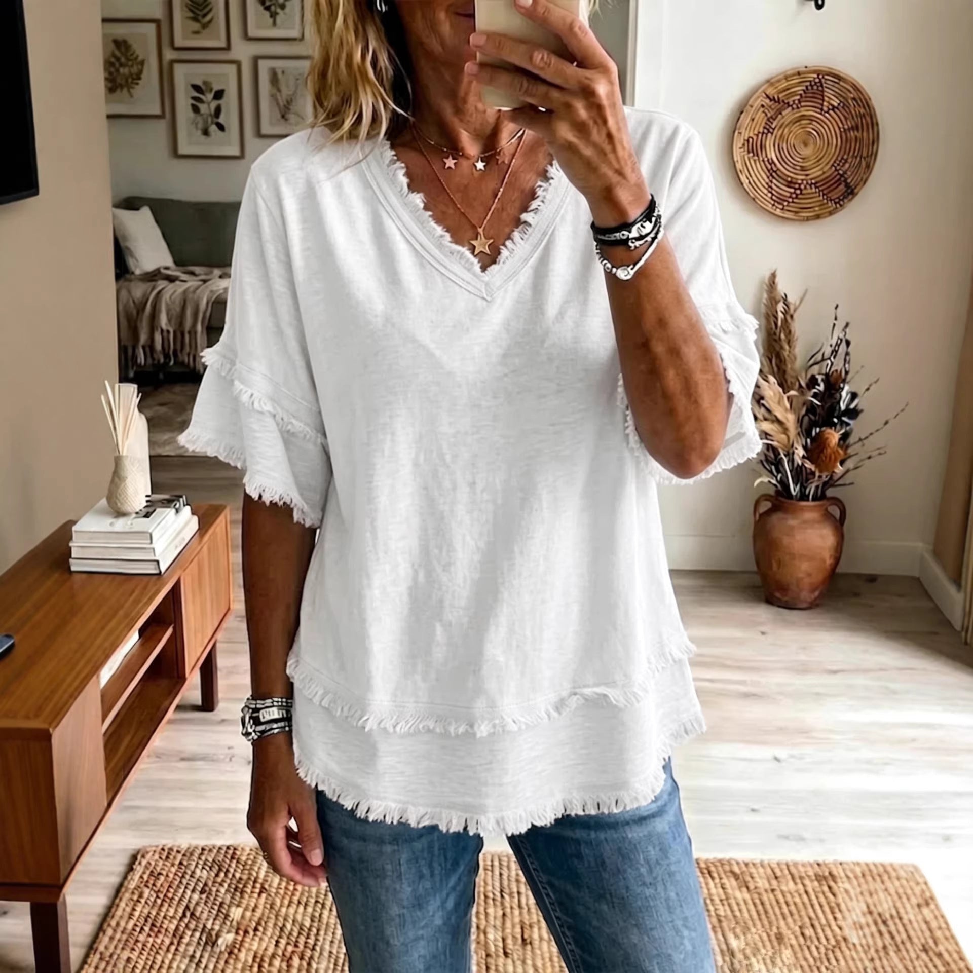 Women's V-Neck Short Sleeve Pullover Top