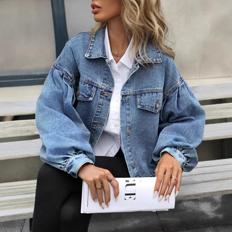 Women's Vintage Lantern Sleeve Denim Jacket